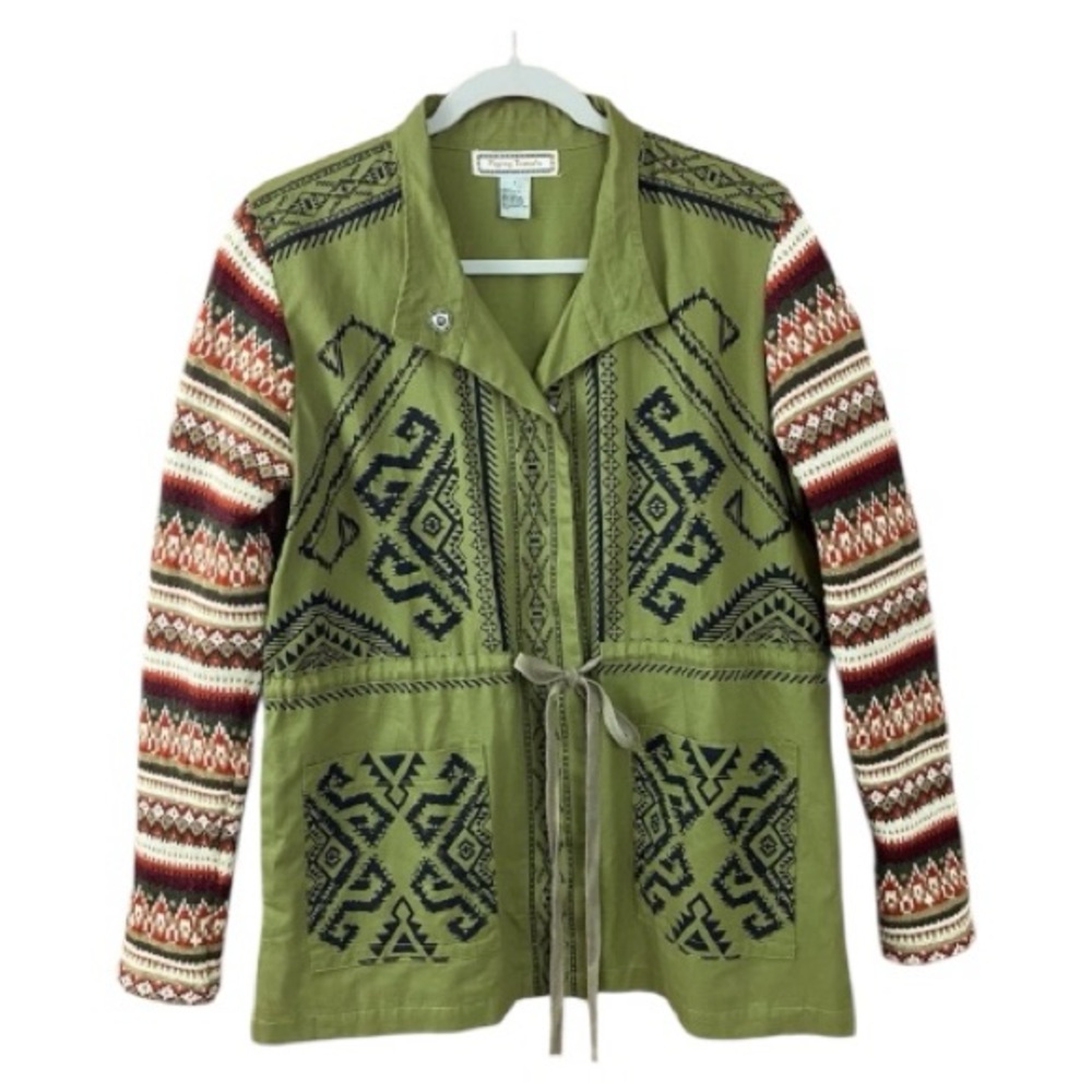 Flying Tomato Aztec Print Jacket Olive with Stripe Sweater Sleeve Size Large